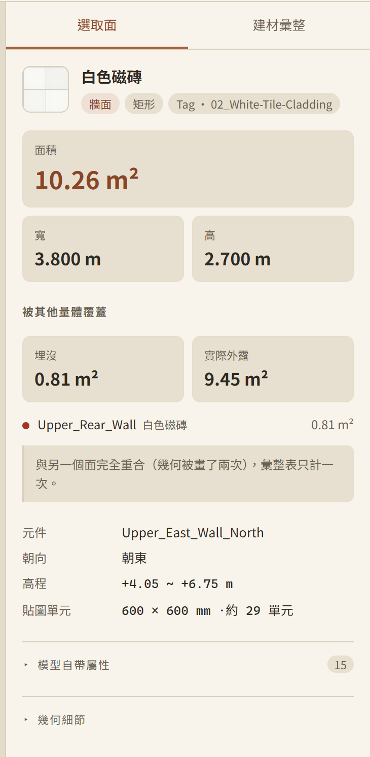 右欄「選取面」分頁顯示這一面的完整資料